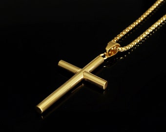 Men's Cross Necklace, Gold Cross Necklace, Stainless Steel Pendant with Box Chain