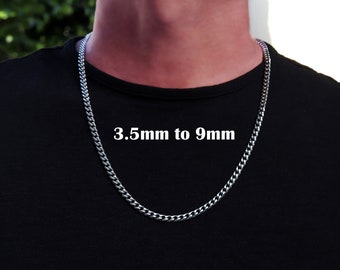 Mens Chain Necklace, Miami Cuban Link Chain Necklace, Stainless Steel Silver Chain, 3.5mm, 5mm, 7mm, 9mm Cuban Chain Necklace for Men