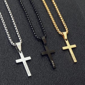 Personalized Cross Necklace for Men Kids Boys Baptism Gift for Him Custom Engraved Pendant Necklace Christian Silver Gold Black Cross Chain
