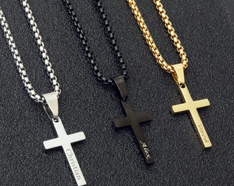 Personalized Cross Necklace for Men Kids Boys Baptism Gift for Him Custom Engraved Pendant Necklace Christian Silver Gold Black Cross Chain
