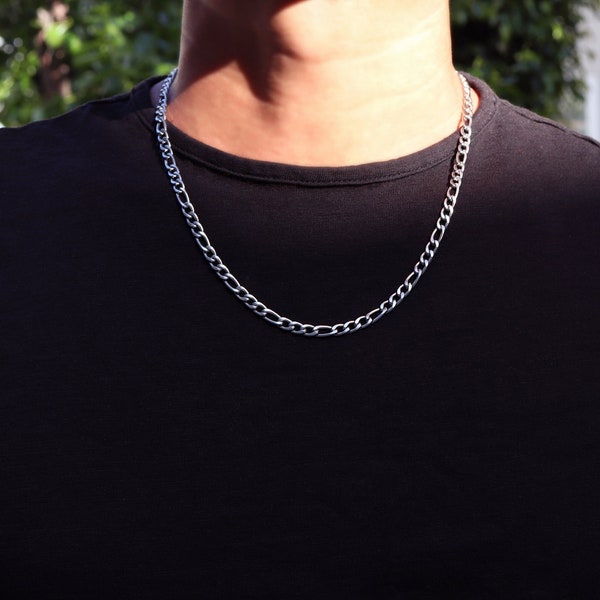 Men's Necklace, Men's Chain Necklace, 5mm Figaro Link Chain, Stainless Steel Silver Chain, Chain Necklace for Men