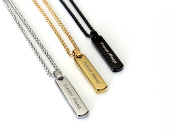May include: Three silver necklaces with a bar pendant that says "Forever Always". The necklaces are silver, gold, and black.