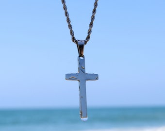 Men Cross Necklace, Mens Necklace, Cross Pendant with Rope Chain, Silver Cross Necklace for Men