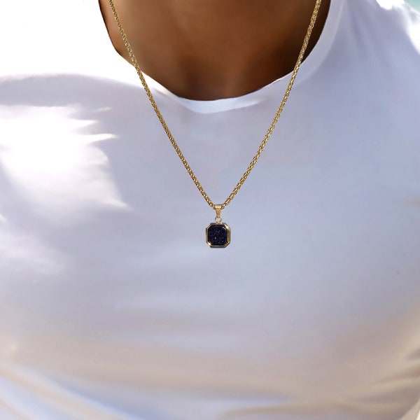 Blue Sandstone Necklace Men Gold Pendant Necklace Men Stone Pendant Men Gold Necklace Men Jewelry for Men's Gift for Boyfriend Necklace