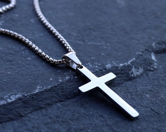 Cross Necklace for Men, Men Cross Necklace, Silver Cross Necklace, Small Cross Necklace, Large Cross Necklace, Cross Pendant with Box Chain