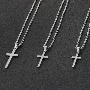 Men's Cross Necklace, Silver Cross Necklace for Men, Men Small Cross Necklace, Large Cross Necklace, Silver Cross Pendant with Rope Chain