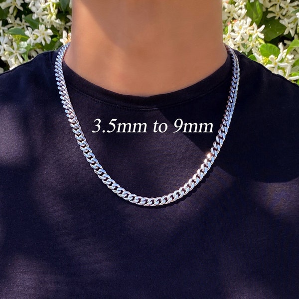 Men's Chain Necklace, Cuban Link Chain Necklace, Stainless Steel Silver Chain, 7mm Cuban Chain Necklace for Men