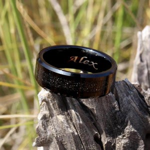 Personalized Tungsten Wedding Band: Orion Nebula Black Sandstone Ring