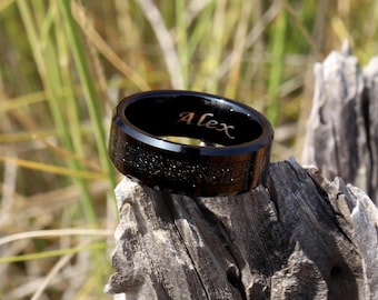 Personalized Tungsten Wedding Band: Orion Nebula Black Sandstone Ring