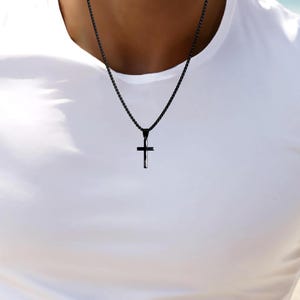 Personalized Cross Necklace, Custom Engraved Men&#39;s and Kids Cross Necklace, Stainless Steel Black Cross Necklace for Women, Baptism Gift