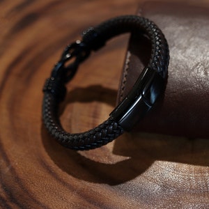 Date Engraved Leather Bracelet for Men, Custom Personalized Mens Gift Black / Golden Brass