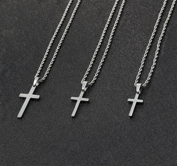 Men s Cross Necklace Silver Cross Necklace for Men Men Small Cross Necklace Large Cross Necklace Silver Cross Pendant with Rope Chain