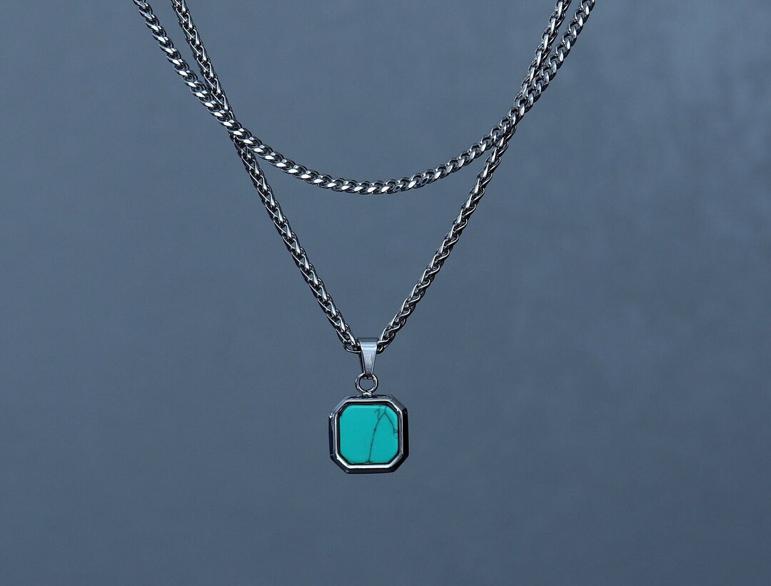 Men's Turquoise Stone Pendant Necklace, Mens Necklace, Stone Pendant