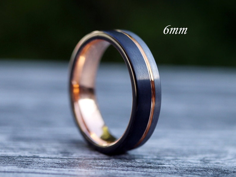 Men's Unique Wedding Band, Black & Silver Brushed Rose Gold Tungsten Ring, Mens Wedding Ring, Men Engagement Ring, Black Tungsten Ring image 3