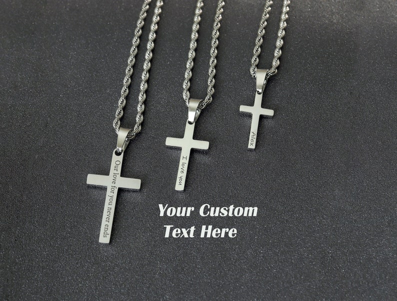 Men's Cross Necklace, Silver Cross Necklace for Men, Men Small Cross Necklace, Large Cross Necklace, Silver Cross Pendant with Rope Chain image 2