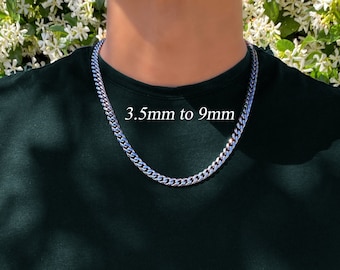 Men's Chain Necklace, Cuban Link Chain Necklace, Stainless Steel Silver Chain, 3.mm, 5mm, 7mm, 9mm Cuban Chain Necklaces for Men