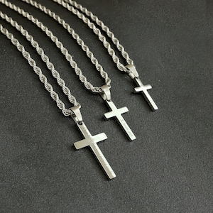 Men&#39;s Cross Necklace, Silver Cross Necklace for Men, Men Small Cross Necklace, Large Cross Necklace, Silver Cross Pendant with Rope Chain