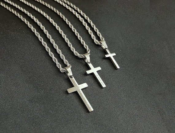 Men's Cross Necklace, Silver Cross Necklace for Men, Men Small Cross Necklace, Large Cross Necklace, Silver Cross Pendant with Rope Chain