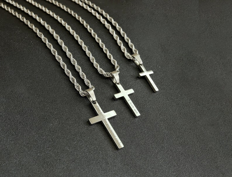Men's Cross Necklace, Silver Cross Necklace for Men, Men Small Cross Necklace, Large Cross Necklace, Silver Cross Pendant with Rope Chain image 1