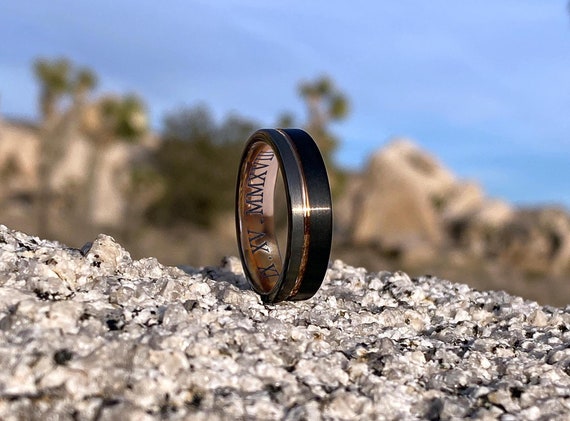 Men's Unique Wedding Band, Black & Silver Brushed Rose Gold Tungsten Ring, Mens Wedding Ring, Men Engagement Ring, Black Tungsten Ring