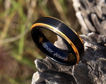Black & Gold Tungsten Ring, Brushed Wedding Band, Engraved Gift Box