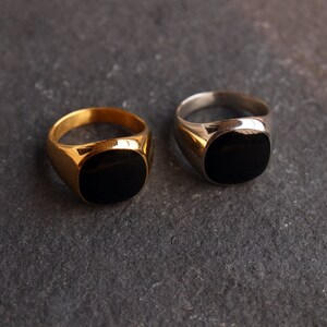 May include: Two signet rings featuring a smooth, flat, black circular inlay set into the metal. One ring is crafted from a polished gold-tone metal, while the other is made from a polished silver-tone metal, both displaying a reflective finish.
