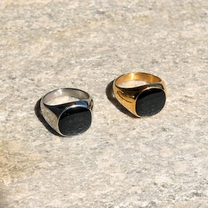 May include: Two signet rings featuring a smooth, polished finish and a flat, black rectangular inlay. One ring is crafted from a bright silver-toned metal, while the other is made from a warm, gold-toned metal, both showcasing a classic design.