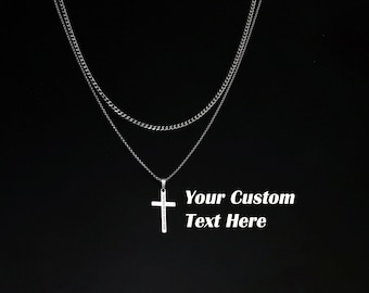 Engraved Stainless Steel Cross Necklace, Cuban Link Chain, Gift for Men
