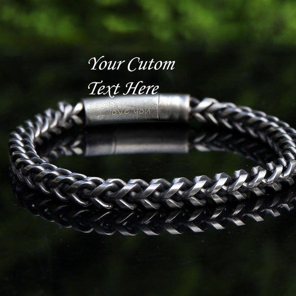 Pulsera para hombre, pulsera de cadena, pulsera de cadena de acero inoxidable con cierre magnético retro, pulsera de plata antigua, pulsera de estilo vintage para hombre