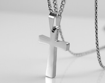 Men's Polished Plain Stainless Steel Inverted Cross Pendant Necklace With Chain 