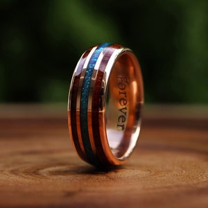 Koa Wood Ring, Men&#39;s Wedding Band, Rose Gold Tungsten Ring, Unique Wedding band, Opal Wood Ring, Mens Wedding Ring, Engagement Ring for Men