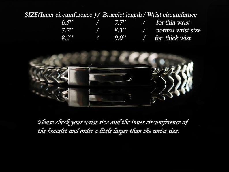 Puede incluir: Un brazalete de plata con cierre de broche. El brazalete se muestra sobre un fondo negro. El texto de la imagen dice: "SIZE(Inner circumference) / Bracelet length / Wrist circumfernce 6.5" / 7.7" / for thin wrist 7.2" / 8.3" normal wrist size 8.2" / 9.0" / for thick wist Please check your wrist size and the inner circumference of the bracelet and order a little larger than the wrist size."