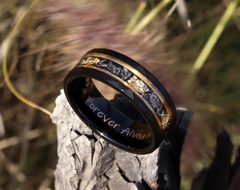 Hammered Black Tungsten Meteorite Wedding Band, Gold Leaf Inlay