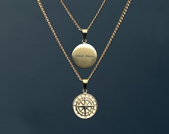 North Star Compass Pendant Necklace, 18k Gold Plate, Personalized Gift for Him