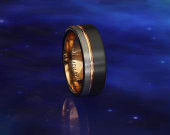 Personalized Black Tungsten Wedding Band, Rose Gold Accent, Mens Ring