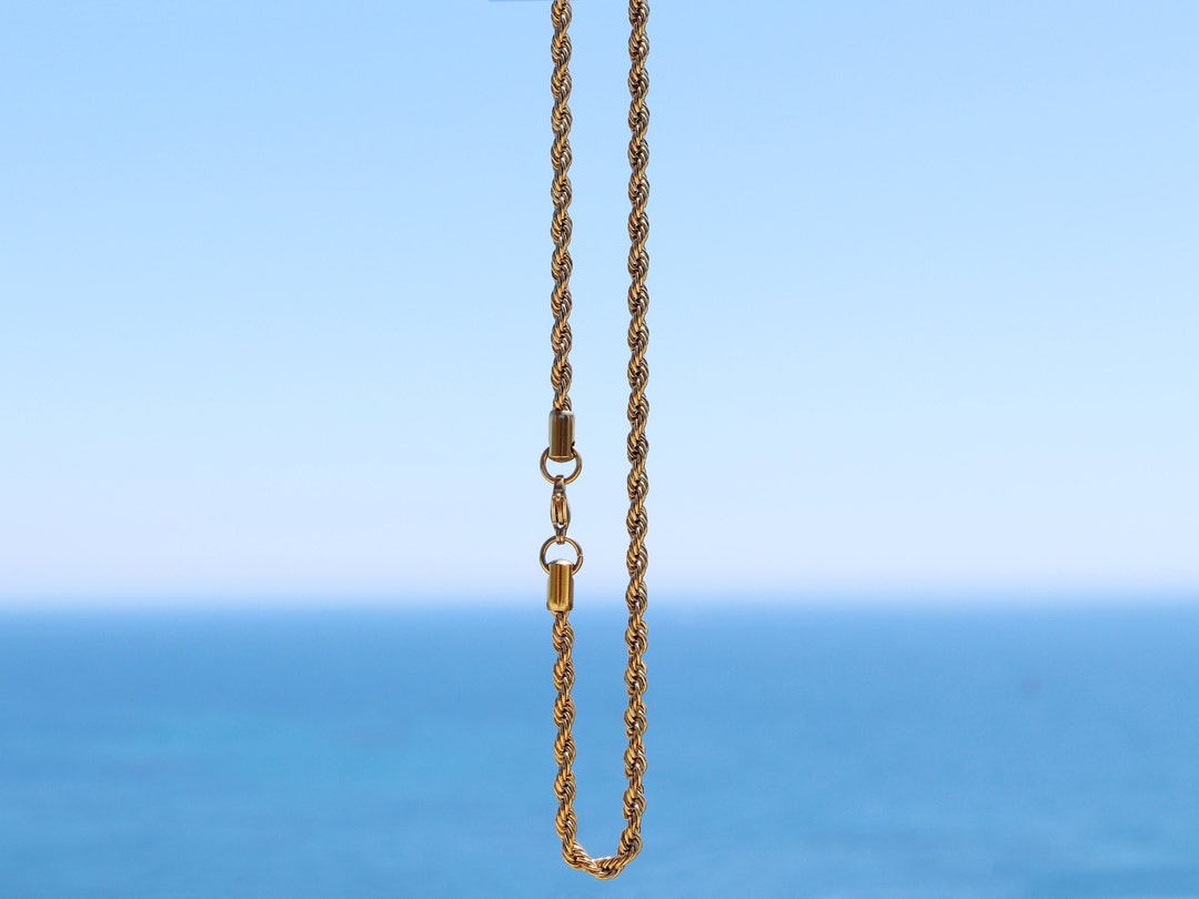 Mens Gold Rope Chain Necklace, 4mm Gold Plate Stainless Steel Chain