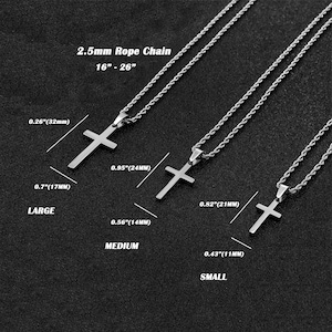 Men's Cross Necklace, Silver Cross Necklace for Men, Men Small Cross Necklace, Large Cross Necklace, Silver Cross Pendant with Rope Chain image 9