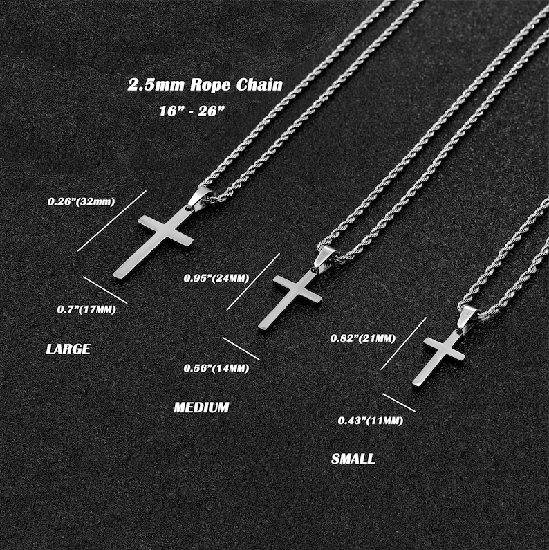 Men's Cross Necklace, Silver Cross Necklace for Men, Men Small Cross Necklace, Large Cross Necklace, Silver Cross Pendant with Rope Chain image 9