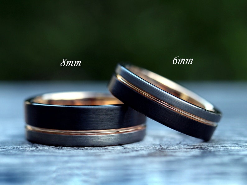 Men's Unique Wedding Band, Black & Silver Brushed Rose Gold Tungsten Ring, Mens Wedding Ring, Men Engagement Ring, Black Tungsten Ring image 2