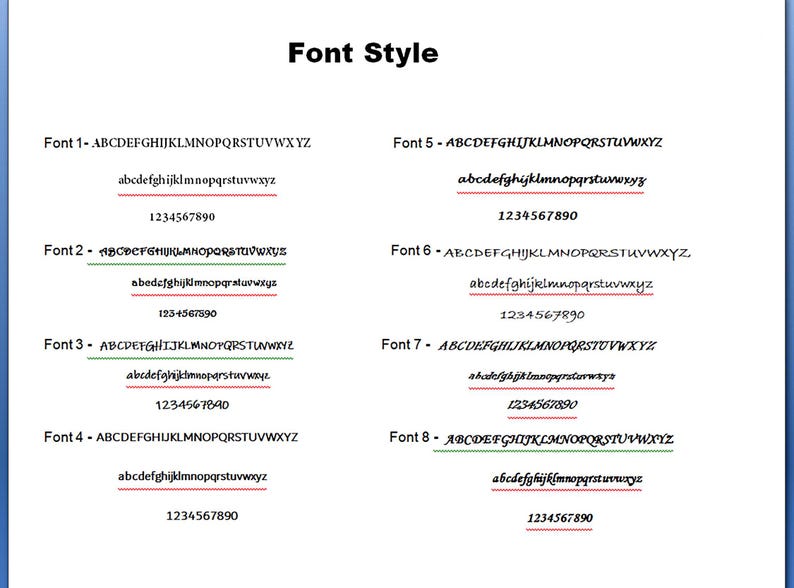 K&ouml;nnte beinhalten: Ein Diagramm, das acht verschiedene Schriftstile zeigt, die mit Schriftart 1 bis Schriftart 8 beschriftet sind. Jeder Schriftstil wird mit dem Alphabet in Gro&szlig;- und Kleinschreibung sowie den Zahlen 1 bis 0 angezeigt.