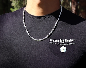 Men's Stainless Steel Rope Chain Necklace, Personalized Tag Pendant