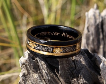 Hammered Gold Leaf Tungsten Ring: Meteorite Wedding Band, Personalized