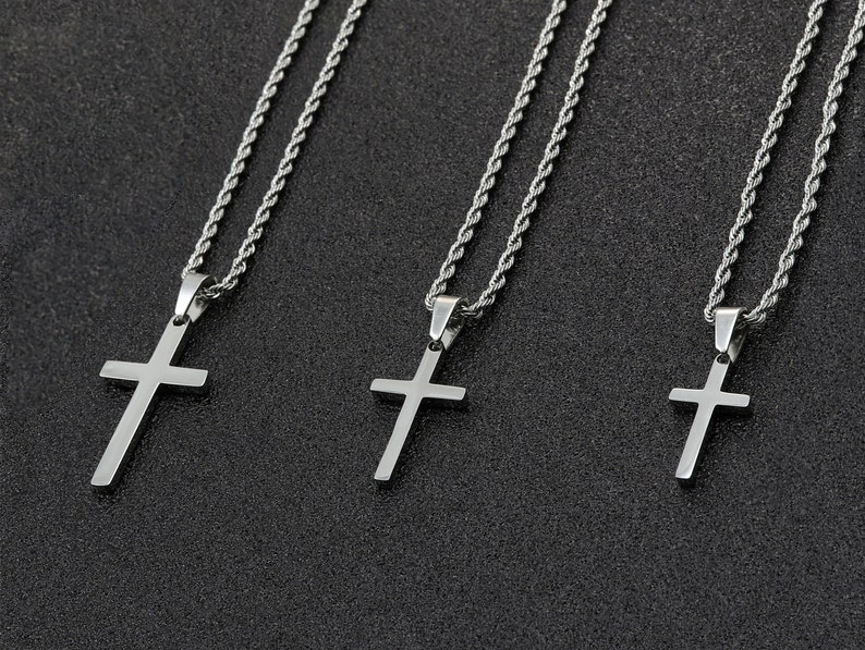 Men's Cross Necklace, Silver Cross Necklace for Men, Men Small Cross Necklace, Large Cross Necklace, Silver Cross Pendant with Rope Chain image 7