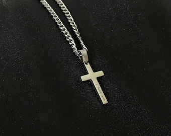 Personalized Stainless Steel Cross Necklace, Engraved Silver Pendant