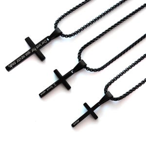 May include: Three black metal cross pendants on matching black chain necklaces. Each cross features engraved text: one reads "Our love for you never ends", another "I love you", and the third is engraved with the name "Alex" in a simple font.