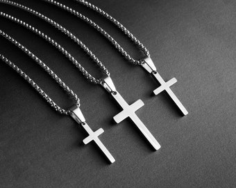 Mens Cross Necklace for Men Cross Necklace Boys Cross Necklace Silver Cross Necklace Men Silver Cross Chain Men's Cross Pendant Gift for Son