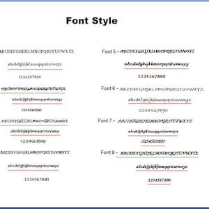 May include: A page with eight different font styles displayed. Each font style is labeled with a number and shows the alphabet in uppercase and lowercase, along with the numbers 1234567890.