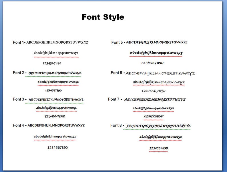 May include: A page with eight different font styles displayed. Each font style is labeled with a number and shows the alphabet in uppercase and lowercase, along with the numbers 1234567890.