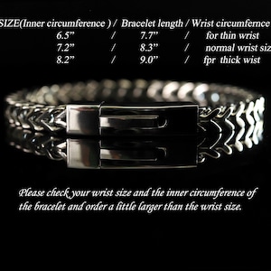 May include: A silver-toned metal chain bracelet with a rectangular clasp. Text above lists sizes: 6.5 inch inner circumference with 7.7 inch length for thin wrists, 7.2 inch with 8.3 inch length for normal, and 8.2 inch with 9.0 inch length for thick wrists.