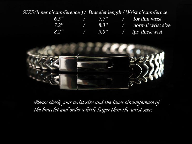 May include: A silver-toned metal chain bracelet with a rectangular clasp. Text above lists sizes: 6.5 inch inner circumference with 7.7 inch length for thin wrists, 7.2 inch with 8.3 inch length for normal, and 8.2 inch with 9.0 inch length for thick wrists.